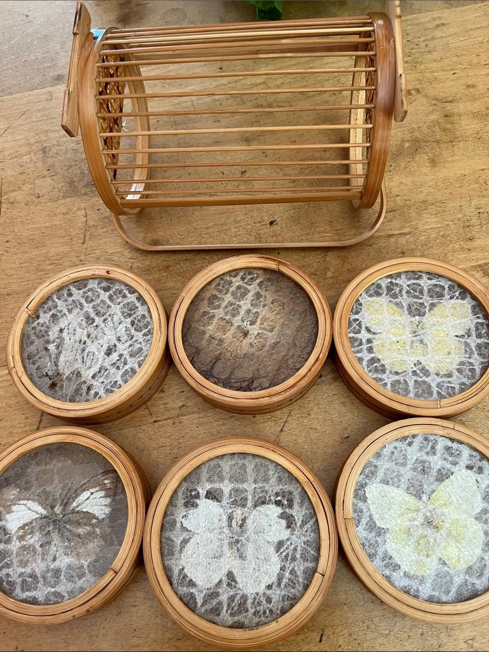 Vintage 1960s Retro Bamboo Butterfly Coaster Set six